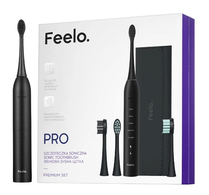 Feelo PRO Black Premium Set Szczoteczka Soniczna z Etui i 4 Końcówkami