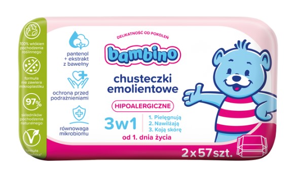 Bambino Chusteczki Emolientowe 3w1 2x57 Sztuk