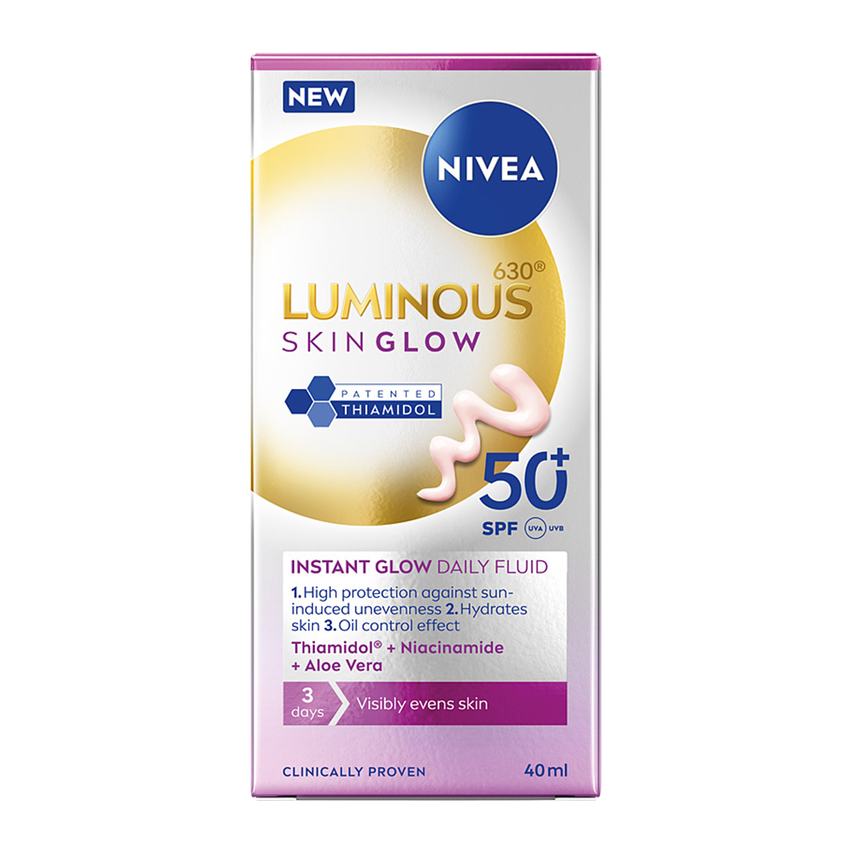 NIVEA Luminous630 Skin Glow Lekki Fluid z Filtrem SPF50+ Wyrównujący Koloryt Skóry 40ml