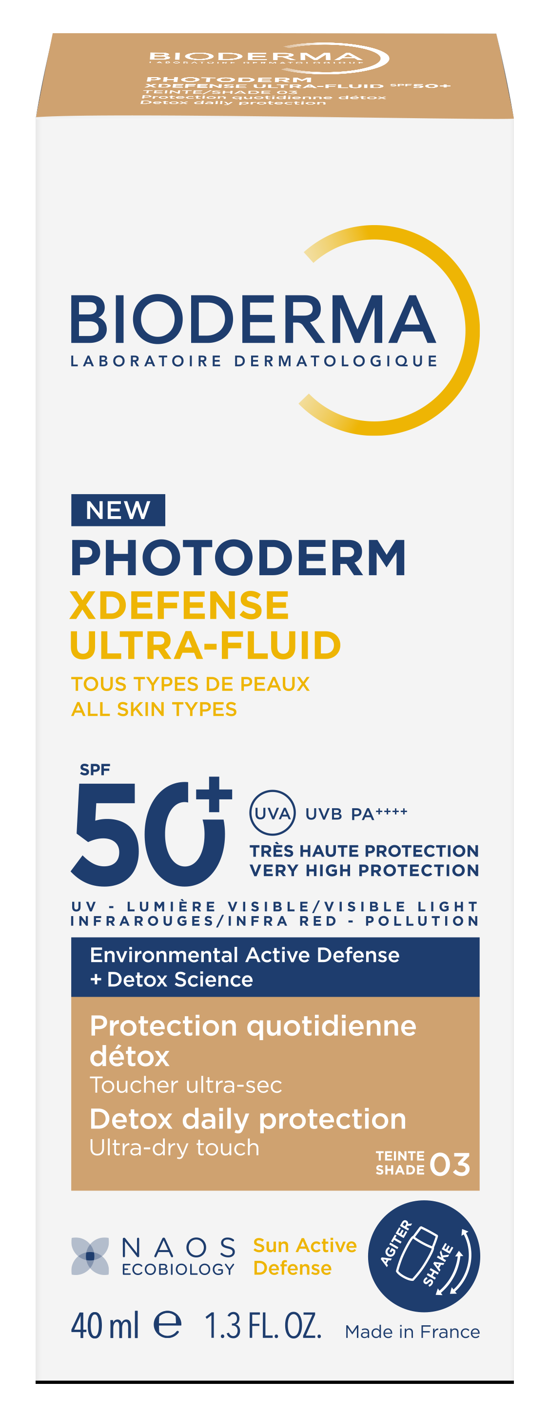 Bioderma Photoderm Xdefense Ultra-Fluid Ochronny Ultralekki Fluid Z Filtrem SPF50+ o Działaniu Detoksykującym Odcień 03 40ml