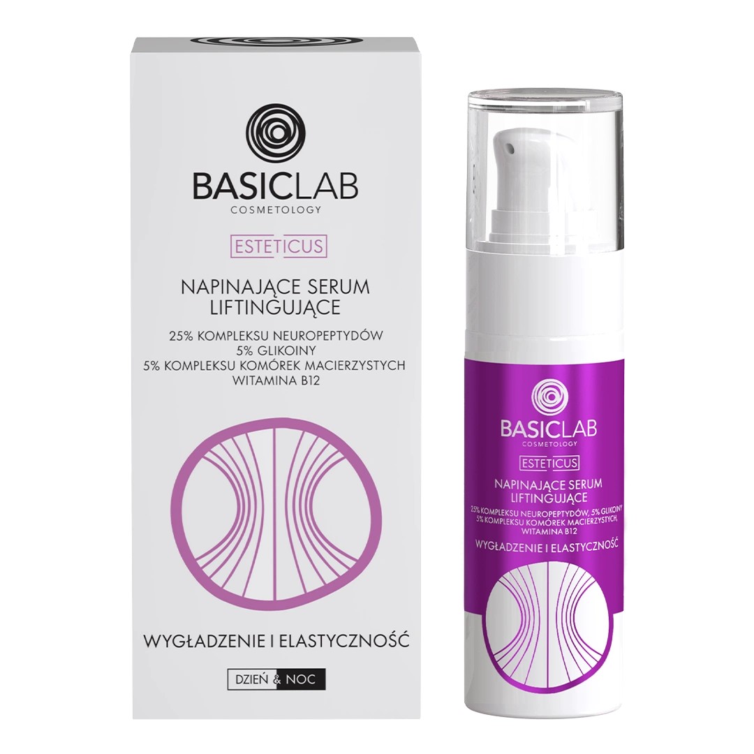 BasicLab Esteticus Napinające Serum Liftingujące 25% Kompleksu Neuropeptydów 5% Glikoiny 5% Kompleksu Komórek Macierzystych Witamina B12 30ml