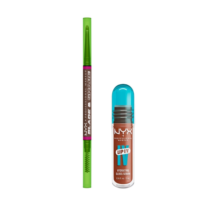 NYX Professional Makeup Zestaw Blade & Shade Kredka do Brwi 09 Brunette + Lip IV Hydrating Gloss Serum Błyszczyk do Ust 01 Caramel Drip