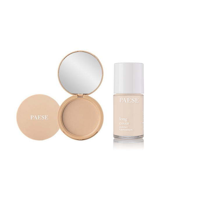 PAESE Zestaw Podkład Long Cover z Jedwabiem 01N Porcelain + Puder Matujący z Olejem Arganowym 1