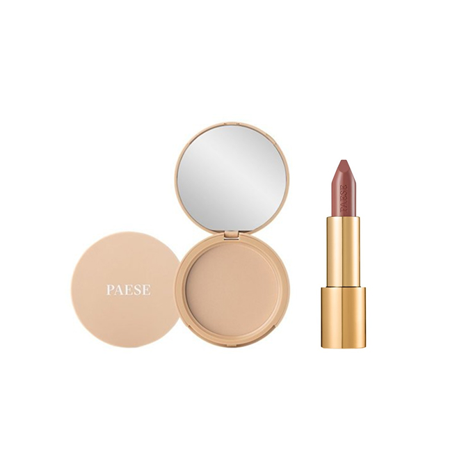 PAESE Zestaw Puder Matujący z Olejem Arganowym 1 + NUDElightful Pomadka do Ust 409 Cinnamon Latte