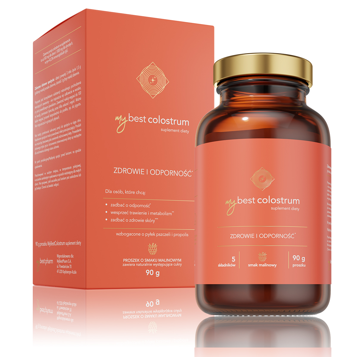 MyBestPharm MyBest Colostrum Suplement Diety w Proszku o Smaku Malinowym 90g Krótka Data Ważności 31.08.2029r